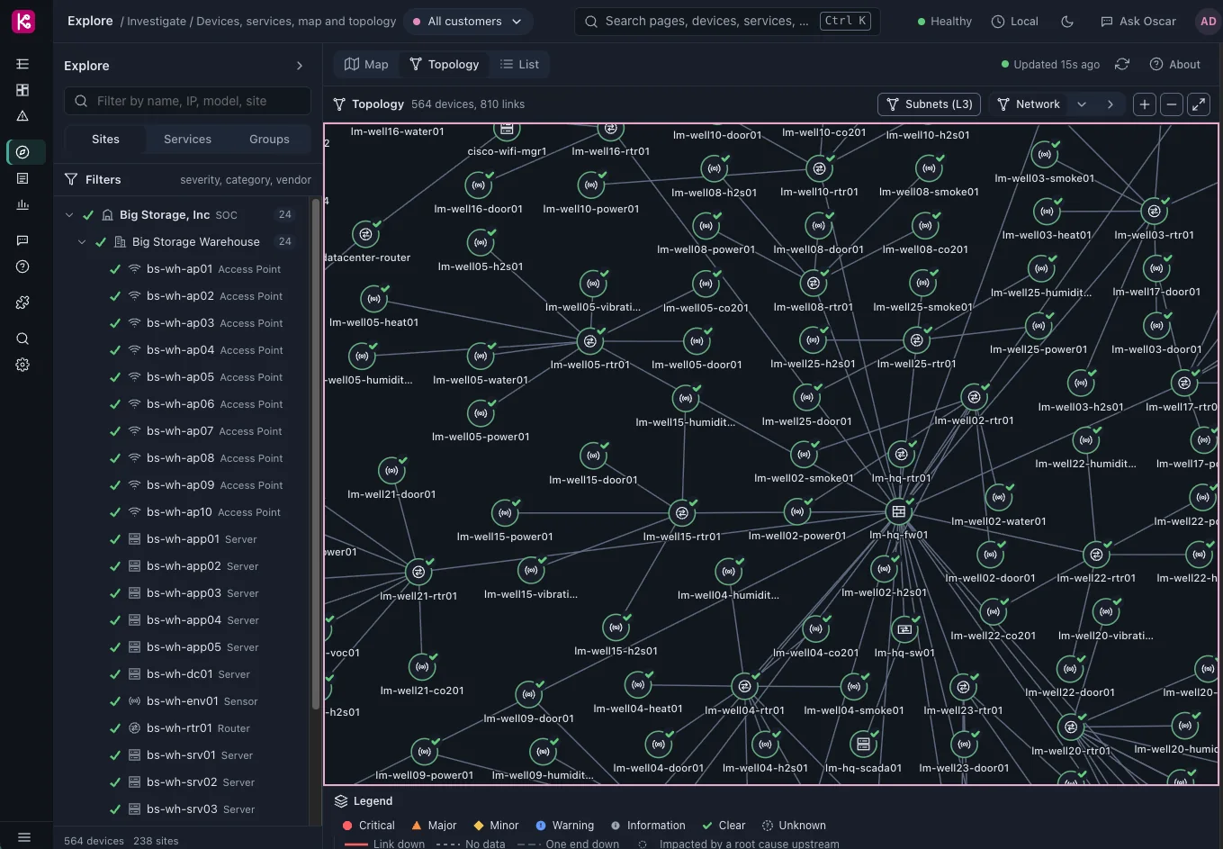 Kraken Online topology view: 564 devices and 810 links across demo customer networks, each device with its live status